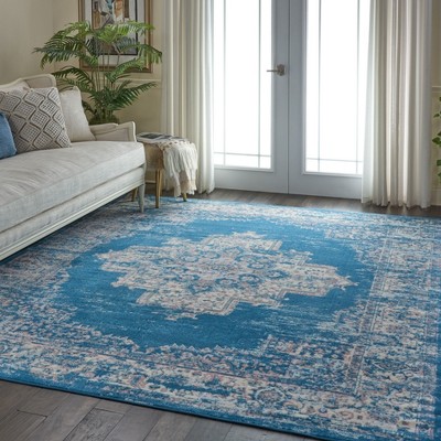 Handmade Round Blue Medallion Stain-Resistant Area Rug