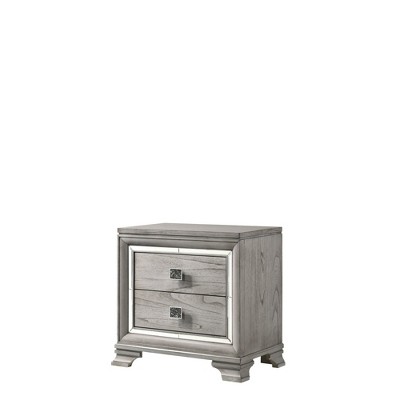 Chic Crate-Modern Bedside Table – 2-Drawer Bevel Mirror, Solid Wood Nightstand – Light Grey