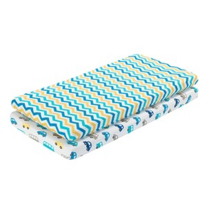 Everyday Kids 2-Pack Baby Boy Cradle Sheets – 100% Cotton Jersey Knit, Soft and Breathable – Cars & Buses Print and Blue Chevron Design - 1 of 4