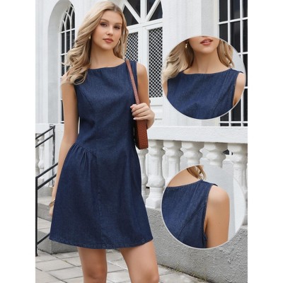 Женские платья INSPIRE CHIC Women's Sleeveless Denim Casual Boat Neck Pleated A-Line Mini Dresses Small Dark Blue — фото 2