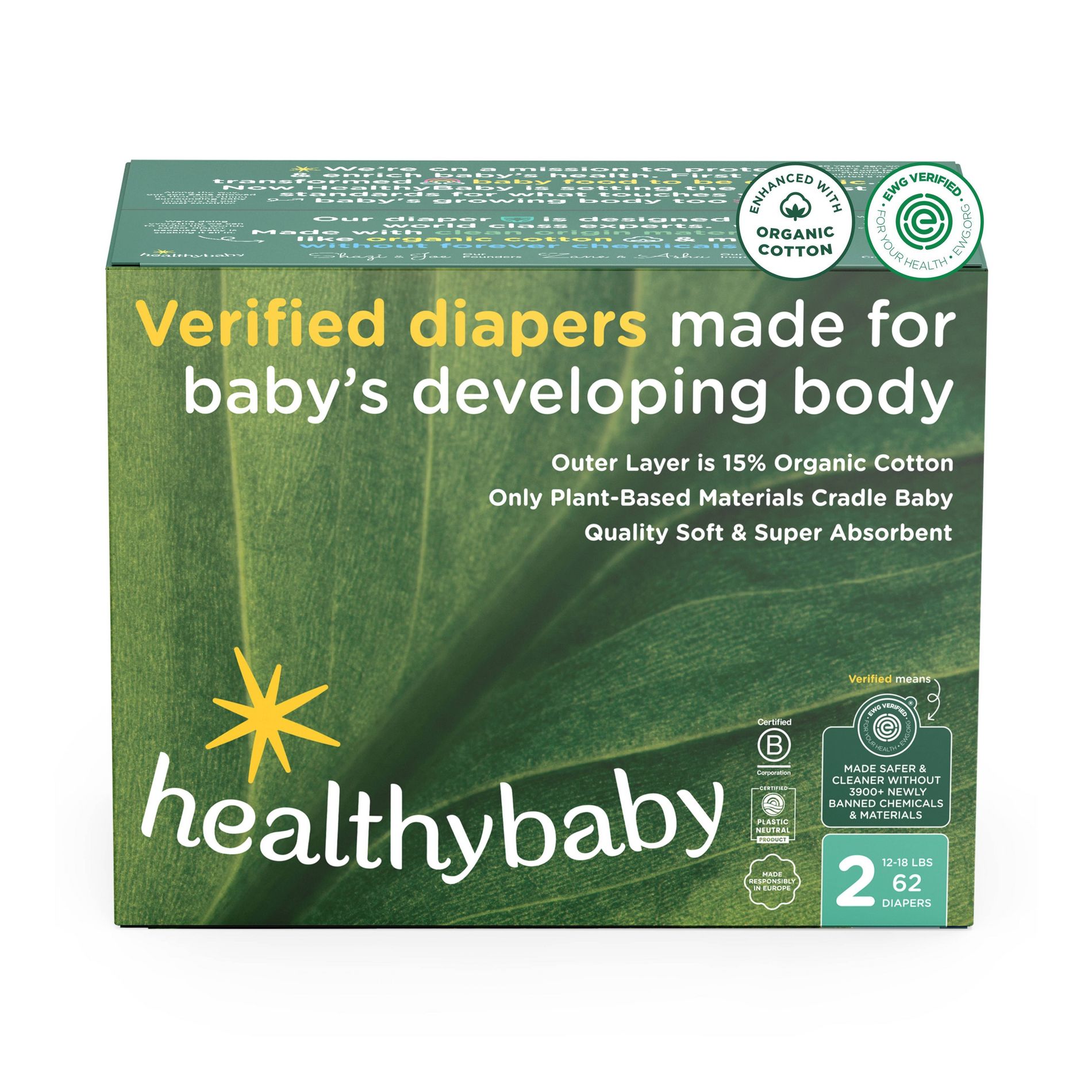 HealthyBaby Certified Safe Organic Cotton Enhanced Diapers - Size 2 - 62ct