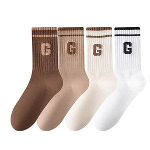 Anna-Kaci Women's 4-Pair Pack Ribbed Cotton Crew Socks with Striped Cuffs and G Letter Detail in Neutral Athletic Color Combinations - 1 of 4