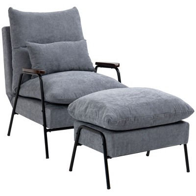 HOMCOM Accent Chair with Ottoman, Reclining Comfy Chair with Adjustable Backrest, Steel Frame and Pillow for Living Room, Bedroom