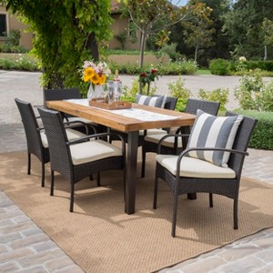 GDFStudio Neva Outdoor Acacia Wood and Wicker 7 Piece Dining Set with Cushion, Natural/Multibrown - 1 of 4