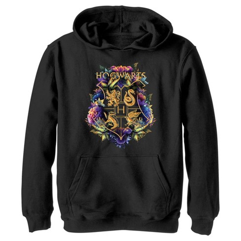 Boy\'s Harry Potter Floral Hogwarts - : Large - Crest Hoodie Over Target Black Pull