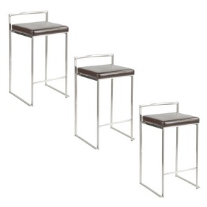 LumiSource Set of 3 Fuji Stacker Counter Height Barstools Stainless Steel/Brown - 1 of 4