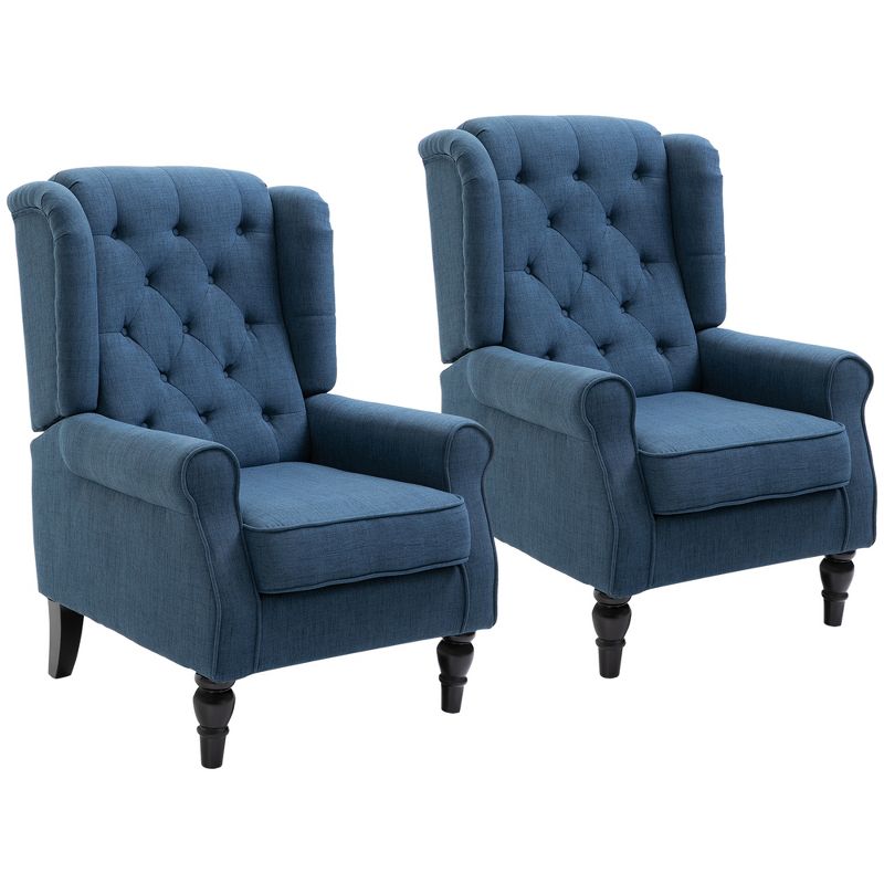 HOMCOM Button-Tufted Accent Chair with High Wingback, Rounded Cushioned Armrests and Thick Padded Seat, Set of 2, Blue, 4 of 7