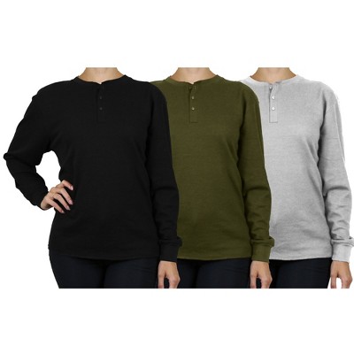 Blue Ice  Women's Loose Fit  Waffle-Knit Thermal Henley- 3 Pack