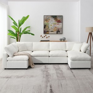 Okak 130" Convertible U-Shaped Sectional Sofa Bed W Ottoman, 6 Seat Cloud Upholstered Sleeper Sofa Free Combination for Living Room,Apartment, Beige - 1 of 4