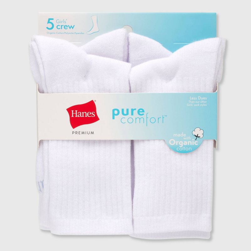 Hanes Premium Girls&#39; Pure 5pk Crew Socks White, 2 of 4