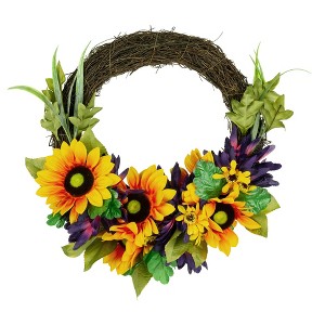 Northlight Sunflower and Mum Twig Autumn Artificial Floral Wreath, 20-Inch - 1 of 4