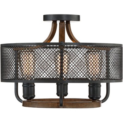 Franklin Iron Works Farmhouse Ceiling Light Semi Flush Mount Fixture Black Mesh Wood 16" Wide 3-Light for Bedroom Kitchen Hallway