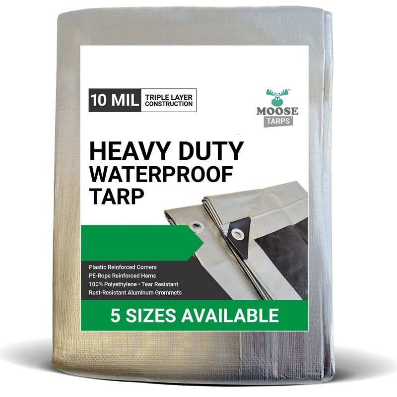 Moose Supply 10 Mil Heavy Duty Waterproof Poly Tarp Cover, Silver, 1 of 8