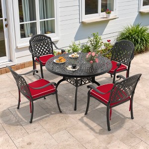 5-Piece Cast Aluminum Outdoor Dining Set: Round Table, Stackable Chairs & Red Cushions - All-Weather Patio Furniture for Your Backyard - 1 of 4