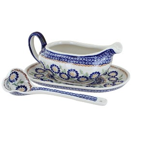 Blue Rose Polish Pottery S119 Manufaktura Gravy Boat Plate & Ladle - 1 of 1