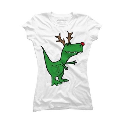 Junior's Design By Humans Cool Funny Christmas T-Rex Dinosaur with Antlers By SmileToday T-Shirt