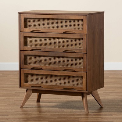 Walnut Brown Mid-Century Wood and Rattan 4-Drawer Chest
