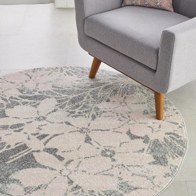 Elysian Blooms 63'' Grey and Pink Floral Round Area Rug