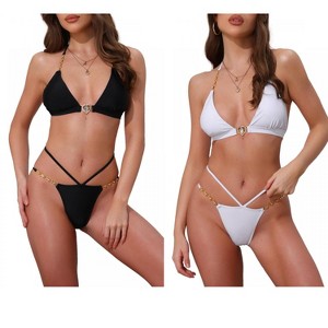INSPIRE CHIC Women's Heart Rhinestones Chain-Linked Halter Top Triangle Bottoms Swimwear Bathing Bikini Suits 2 Sets - 1 of 4
