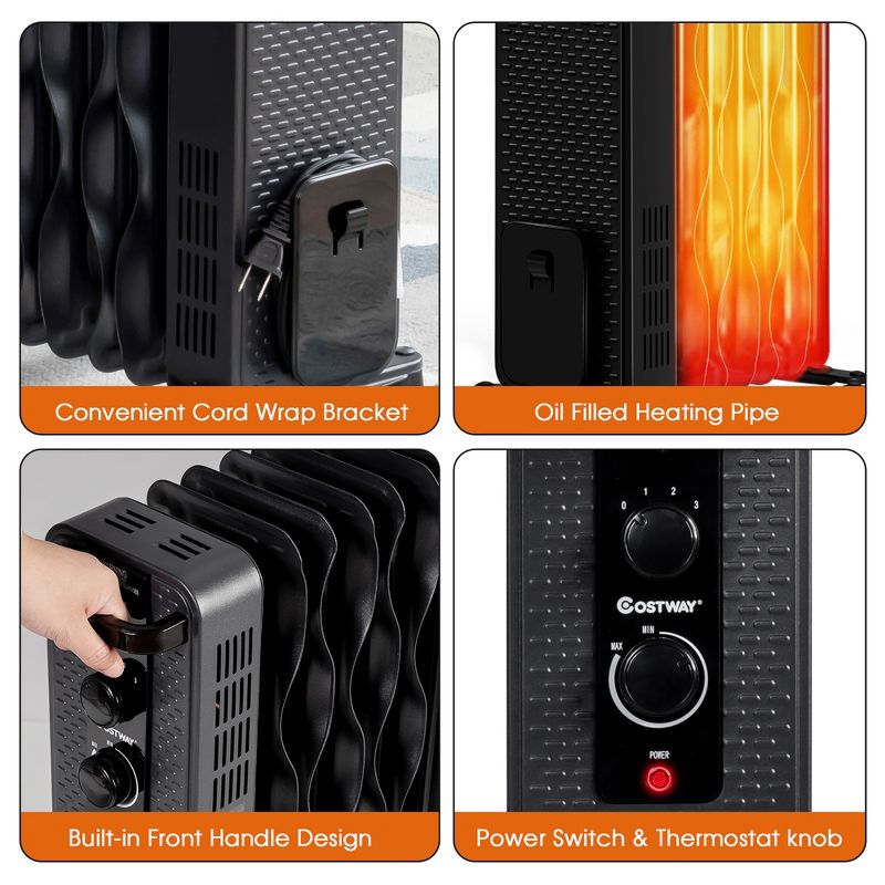 Costway 1500W Oil-Filled Heater Portable Radiator Space Heater w/ Adjustable Thermostat White\ Black, 5 of 11