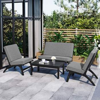 4-Piece V-shaped Seats set, Acacia Solid Wood Outdoor Sofa Furniture, Black+Gray 4A - ModernLuxe