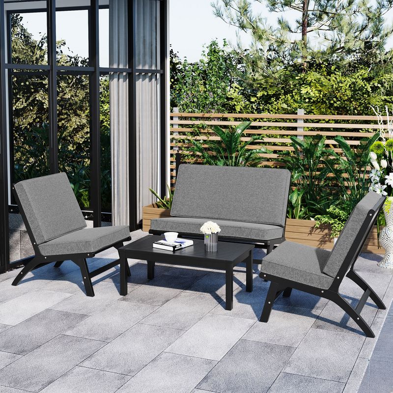 4-Piece V-shaped Seats set, Acacia Solid Wood Outdoor Sofa Furniture, Black+Gray 4A - ModernLuxe, 1 of 13