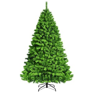 Costway 7.5ft Green Flocked Hinged Artificial Christmas Tree w/ Metal Stand Green - 1 of 4