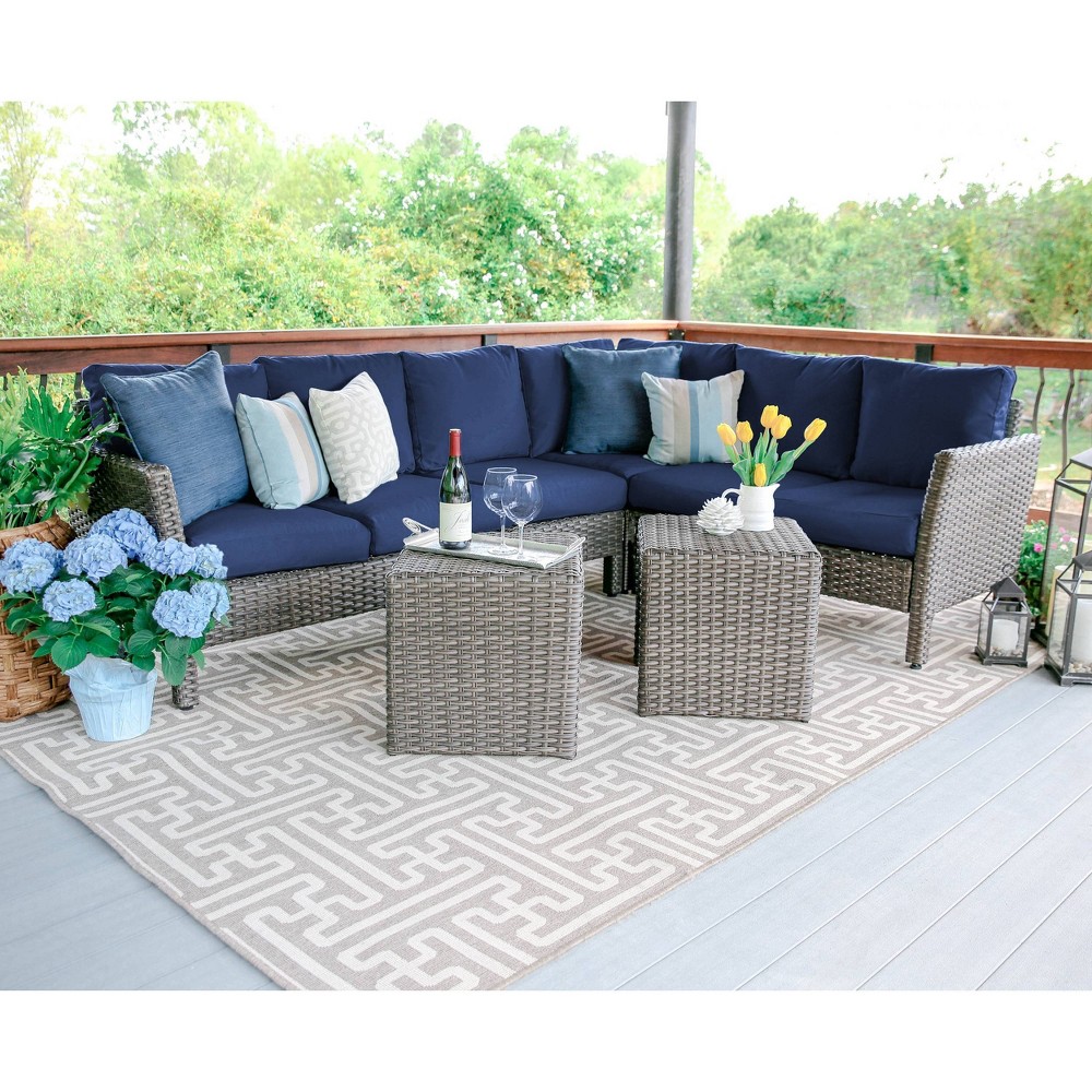 6pc Canton All-Weather Wicker Corner Sectional Navy - Leisure Made