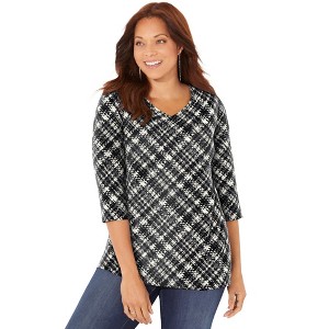 Catherines Women's Plus Size Petite Suprema 3/4 Sleeve V-Neck Tee - 1 of 4