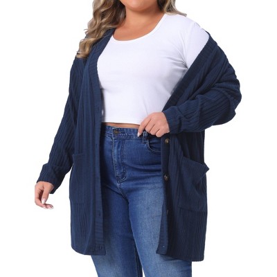 Agnes Orinda Women's Plus Size V Neck Long Sleeve Pocket Ribbed Knit Loose Button Up Casual Cardigan