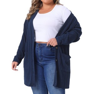 Women's Plus Size V-Neck Long Sleeve Pocket Ribbed Knit Loose Button Up Casual Cardigan - Agnes Orinda - 1 of 4