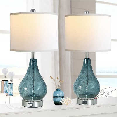 ROTTOGOON 22.5" Glass Table Lamps Blue LED Touch Control 3-Way Dimmable Modern White Fabric Shade 2-Pack