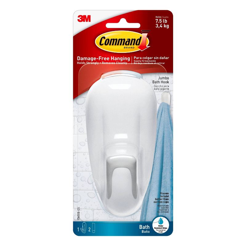Command 1 Hook 2 Strips Large Sized Bathroom Decorative Hook with Water Resistant Strips White, 1 of 15