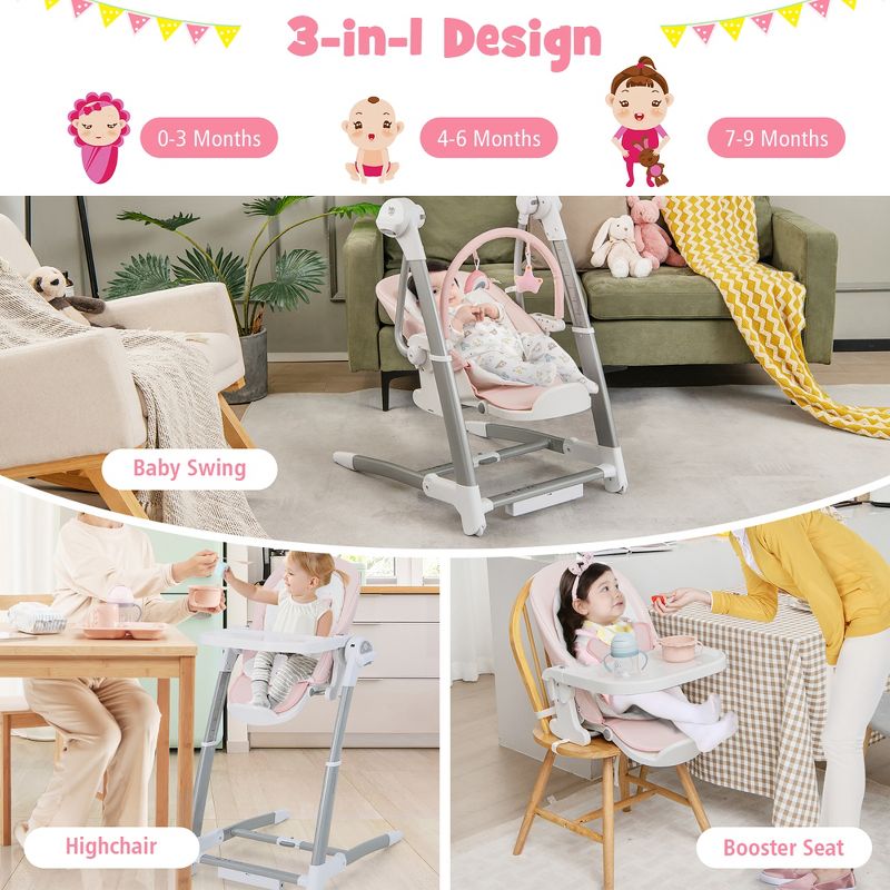 Babyjoy 3-in-1 Baby Swing & High Chair with  8 Adjustable Heights & Music Box Grey/Pink, 2 of 11