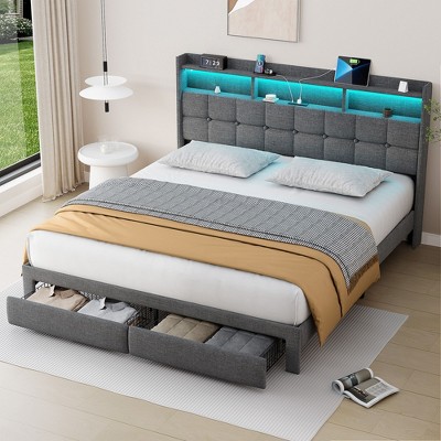 NicBex Full/Queen/King Upholstered Bed Frame with Storage Headboard and 2 Drawers,Platform Bed Frame with LED Light,Charging Station,Easy Assembly