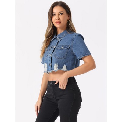 Allegra K Women's Casual Collared Short Sleeve Frayed Crop Jean Denim Jacket Small Sky Blue — фото 4