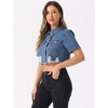 Allegra K Women's Casual Collared Short Sleeve Frayed Crop Jean Denim Jacket - 4 of 4
