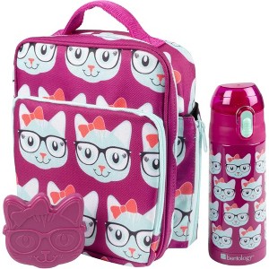 Bentology Lunch Bag Set w Matching Water Bottle & Hard Ice Pack- Pink Blue Kitty Cat- Tote, Insulated Thermos, Ice Pack- for Kids, Girls & Boys - 1 of 4