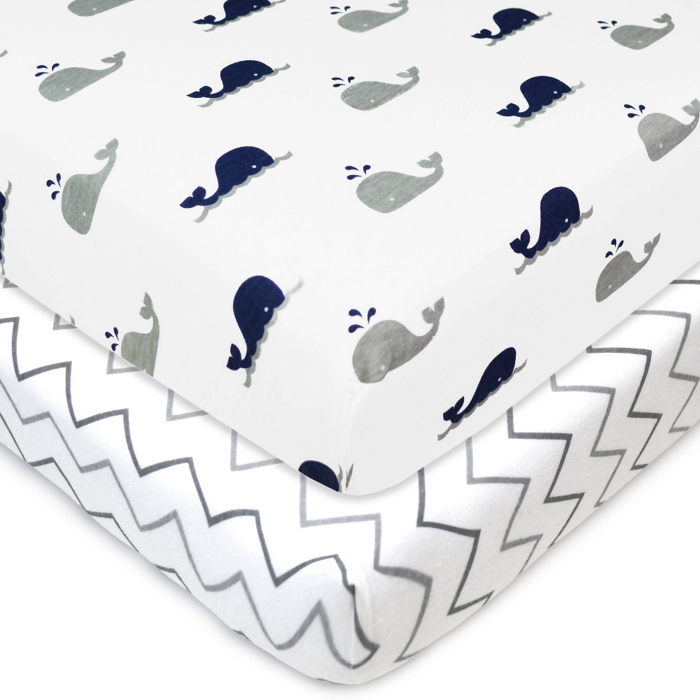 Photos - Bed Linen TL Care Printed 100 Cotton Knit Fitted Playard sheet - Zigzag Navy Whale & Gray 2pk