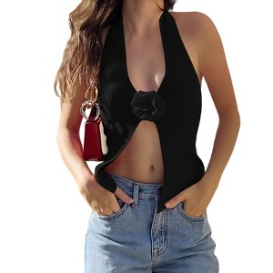 Clearlove Womens Crochet Halter Crop Tops Knitted V Neck Sleeveless Camisole Going Out Tops - 1 of 4