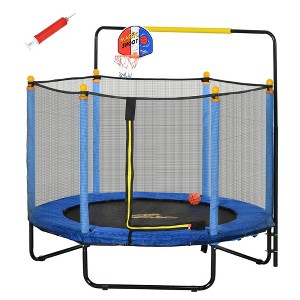 Qaba 4.6' Kids Trampoline with Basketball Hoop, Horizontal Bar, 55" Indoor Trampoline with Enclosure Net, Ages 3-10 - 1 of 4