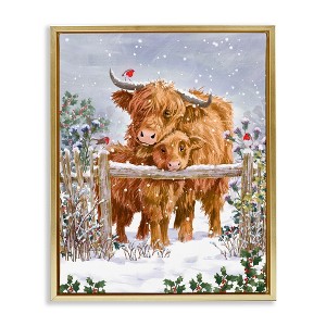 Stupell Industries Winter Cattle Cuddling Snow Scene Floating Frame Canvas Art - 1 of 4
