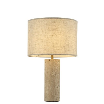 ALOADECOR 1-Light 22'' Modern Coastal  Natural Cylinder Travetine Table Lamp With Beige Linen Shade For Bedroom and Living Room
