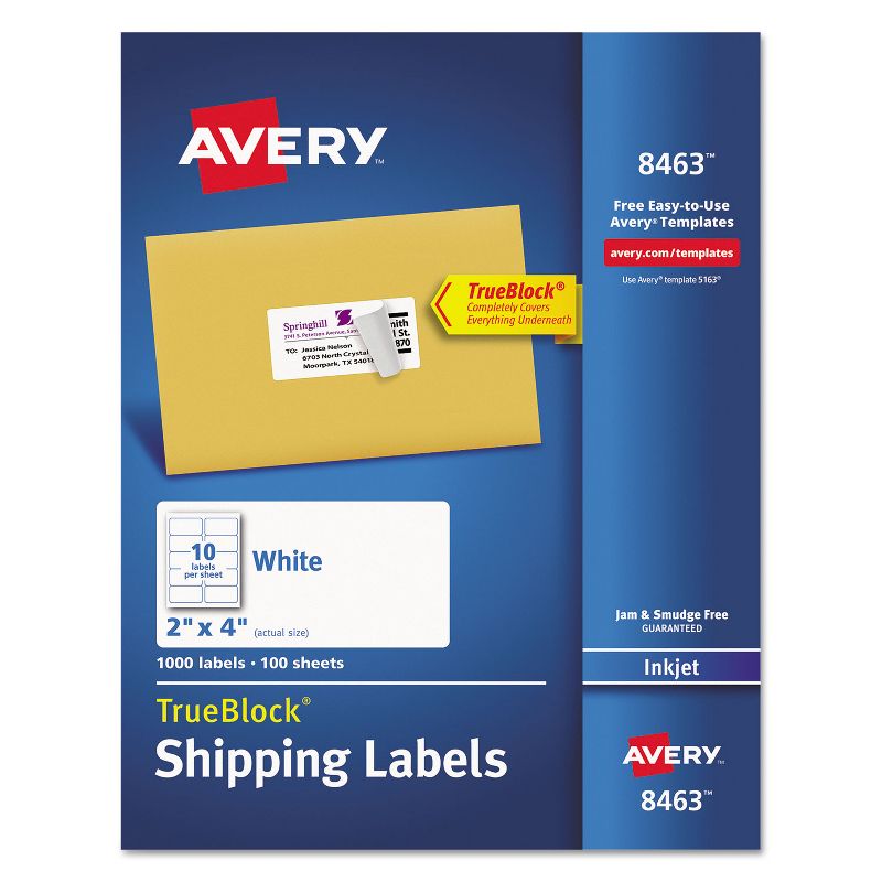 Avery Shipping Labels with TrueBlock Technology Inkjet 2 x 4 White 1000/Box 8463, 1 of 10