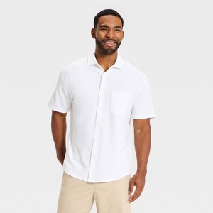 Men's Short Sleeve Comfort Pique Button-Down Shirt - Goodfellow & Co True White XL