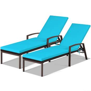Tangkula 2PCS Patio Rattan Wicker Lounge Chair Back Adjustable Recliner Chaise w/Turquoise Cushion