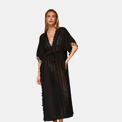 Women's Black Lace V-neck Sheer Cover-Up Maxi Dress - Cupshe