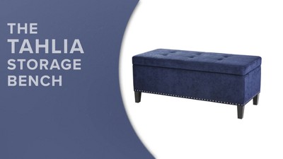 Blue Tufted Storage Bench with Espresso Wood Legs