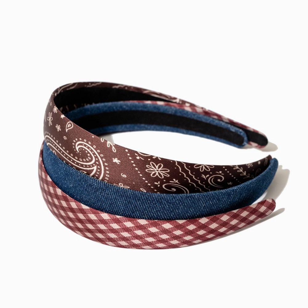 Frasier Sterling Paisley & Gingham Headband Set 3pc - Brown/Denim Blue