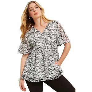 June + Vie by Roaman's Women's Plus Size Faux Wrap Fit-And-Flare Top - 1 of 4